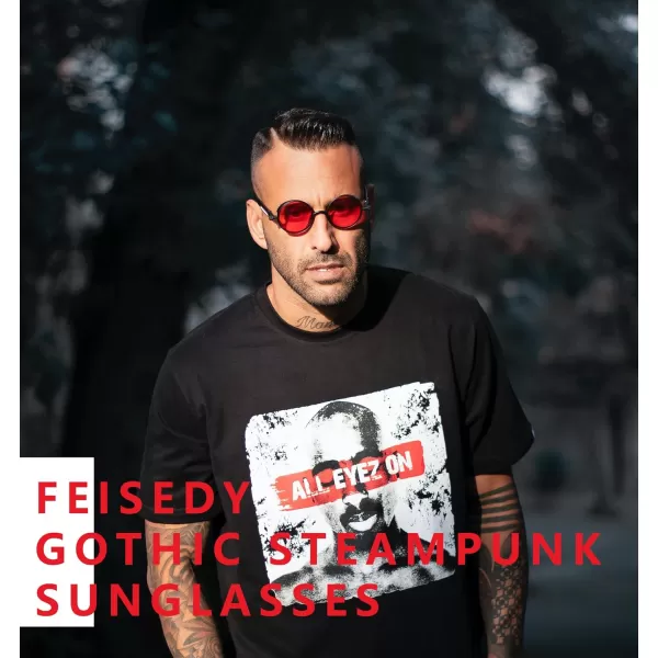 FEISEDY Retro Gothic Steampunk Sunglasses Round Metal Frame Punk Circle Inspired Shade Men B1857BlackRed