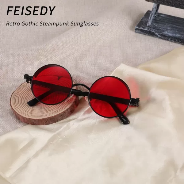 FEISEDY Retro Gothic Steampunk Sunglasses Round Metal Frame Punk Circle Inspired Shade Men B1857BlackRed