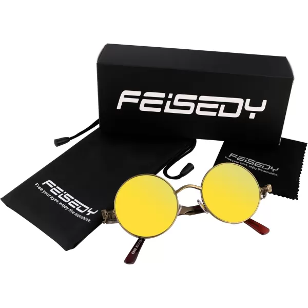 FEISEDY Retro Gothic Steampunk Sunglasses Round Metal Frame Punk Circle Inspired Shade Men B1857BronzeGoldgreen