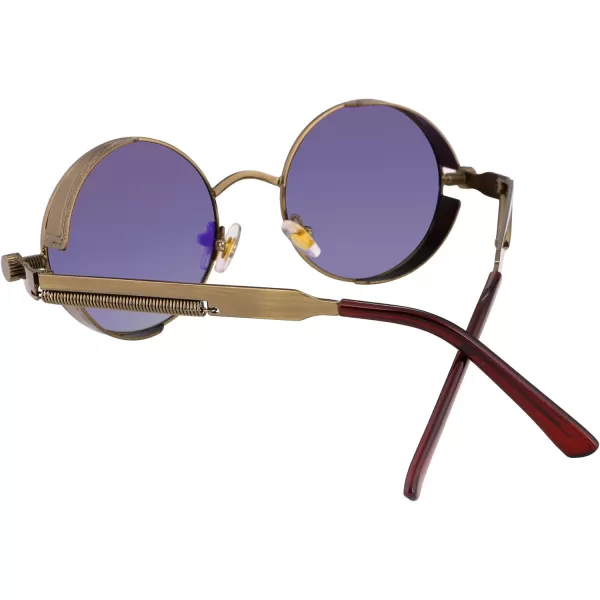 FEISEDY Retro Gothic Steampunk Sunglasses Round Metal Frame Punk Circle Inspired Shade Men B1857BronzeGoldgreen