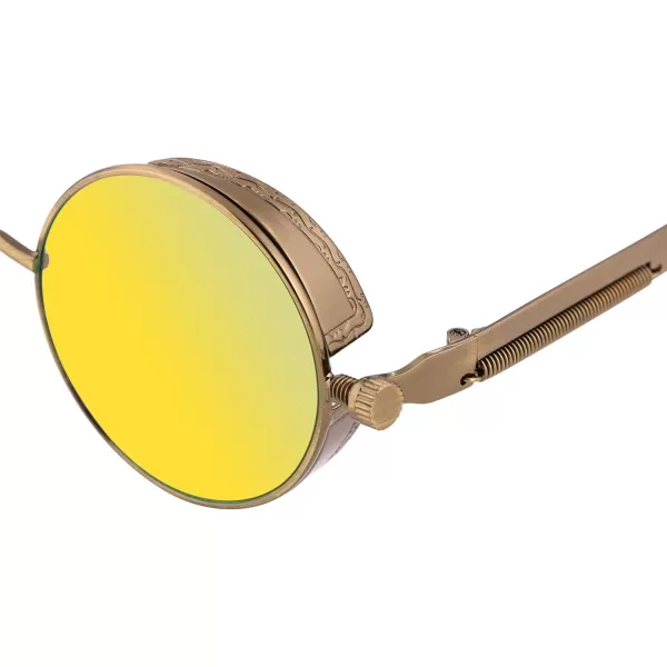 FEISEDY Retro Gothic Steampunk Sunglasses Round Metal Frame Punk Circle Inspired Shade Men B1857BronzeGoldgreen
