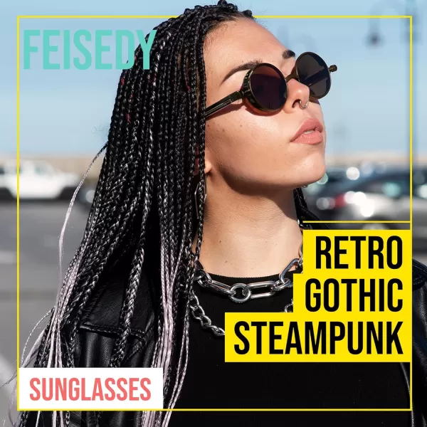 FEISEDY Retro Gothic Steampunk Sunglasses Round Metal Frame Punk Circle Inspired Shade Men B1857BronzeTea