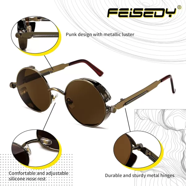 FEISEDY Retro Gothic Steampunk Sunglasses Round Metal Frame Punk Circle Inspired Shade Men B1857BronzeTea