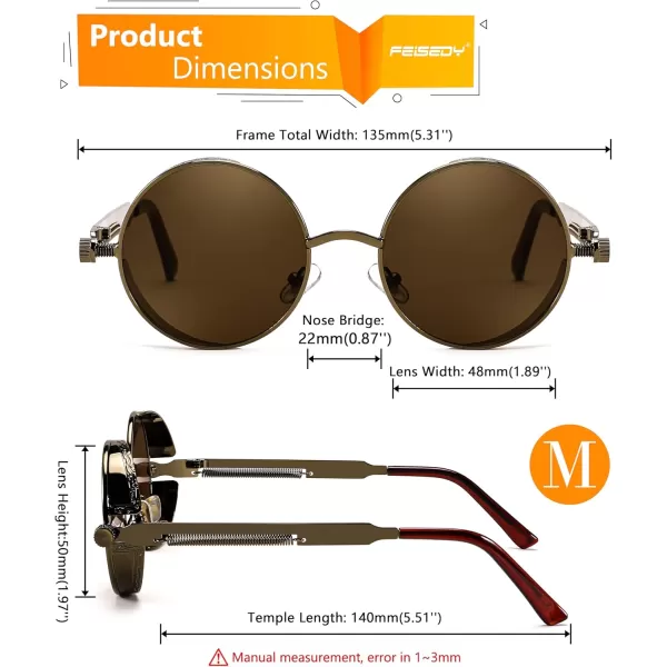 FEISEDY Retro Gothic Steampunk Sunglasses Round Metal Frame Punk Circle Inspired Shade Men B1857BronzeTea
