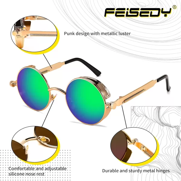 FEISEDY Retro Gothic Steampunk Sunglasses Round Metal Frame Punk Circle Inspired Shade Men B1857GoldGreen Mirror