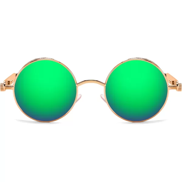 FEISEDY Retro Gothic Steampunk Sunglasses Round Metal Frame Punk Circle Inspired Shade Men B1857GoldGreen Mirror