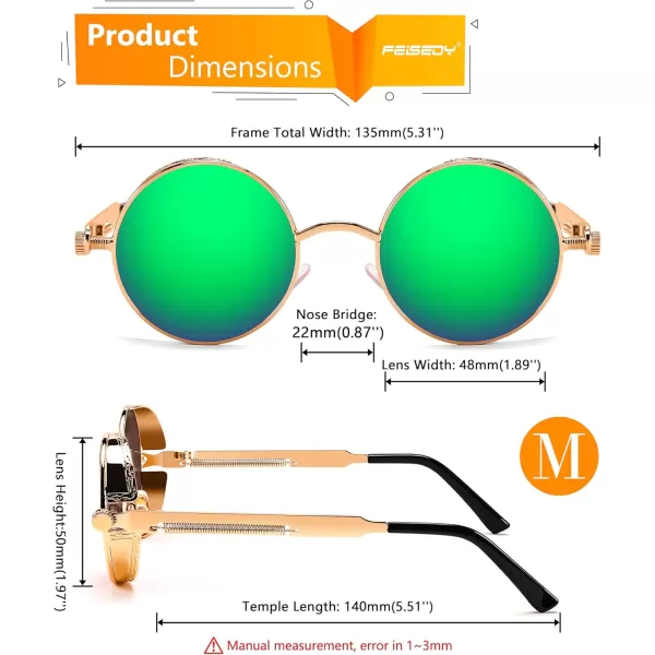 FEISEDY Retro Gothic Steampunk Sunglasses Round Metal Frame Punk Circle Inspired Shade Men B1857GoldGreen Mirror