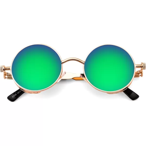 FEISEDY Retro Gothic Steampunk Sunglasses Round Metal Frame Punk Circle Inspired Shade Men B1857GoldGreen Mirror