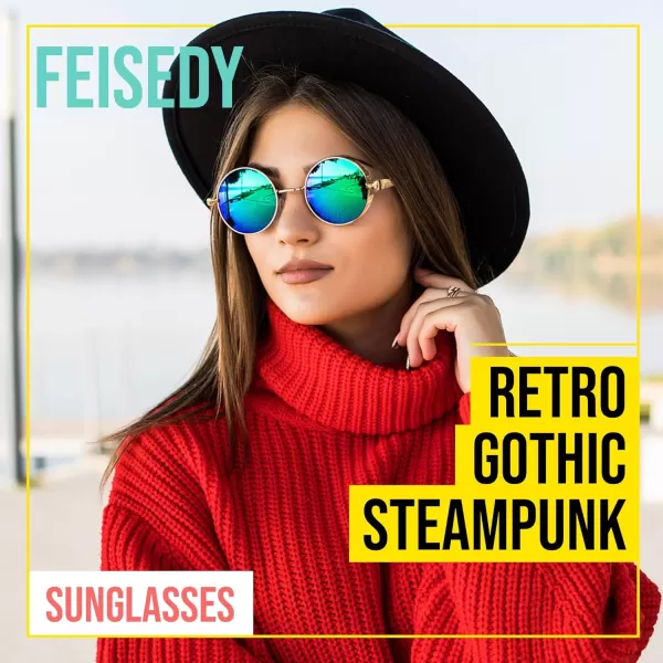 FEISEDY Retro Gothic Steampunk Sunglasses Round Metal Frame Punk Circle Inspired Shade Men B1857GoldGreen Mirror