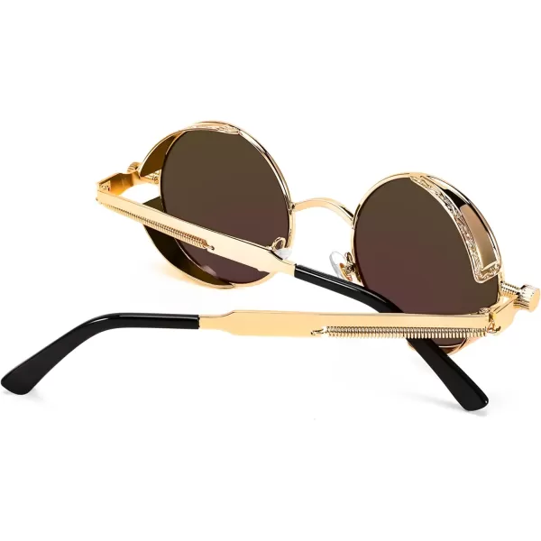 FEISEDY Retro Gothic Steampunk Sunglasses Round Metal Frame Punk Circle Inspired Shade Men B1857GoldGreen Mirror