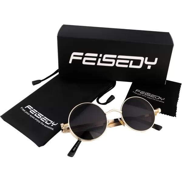 FEISEDY Retro Gothic Steampunk Sunglasses Round Metal Frame Punk Circle Inspired Shade Men B1857GoldGrey