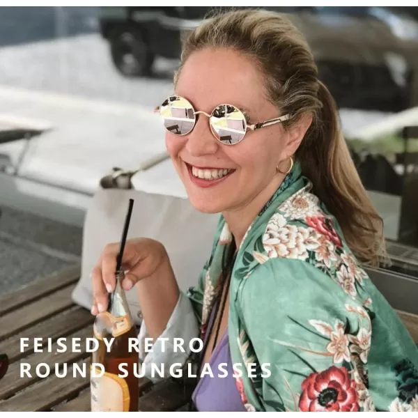 FEISEDY Retro Gothic Steampunk Sunglasses Round Metal Frame Punk Circle Inspired Shade Men B1857GoldPink