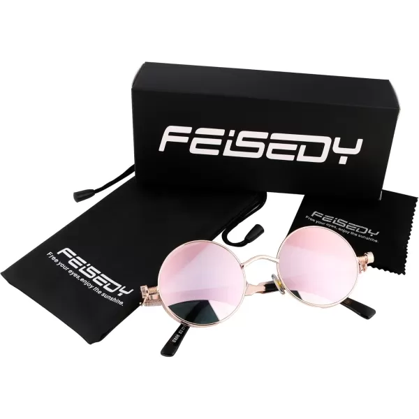 FEISEDY Retro Gothic Steampunk Sunglasses Round Metal Frame Punk Circle Inspired Shade Men B1857GoldPink