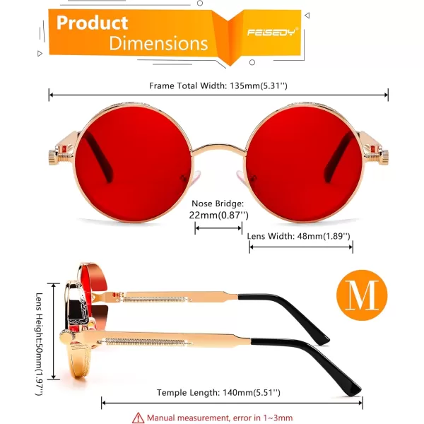 FEISEDY Retro Gothic Steampunk Sunglasses Round Metal Frame Punk Circle Inspired Shade Men B1857GoldRed