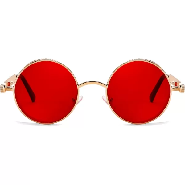 FEISEDY Retro Gothic Steampunk Sunglasses Round Metal Frame Punk Circle Inspired Shade Men B1857GoldRed