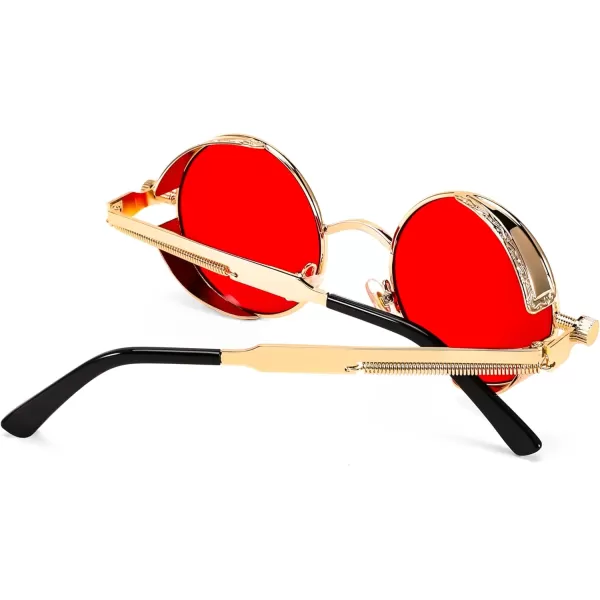 FEISEDY Retro Gothic Steampunk Sunglasses Round Metal Frame Punk Circle Inspired Shade Men B1857GoldRed