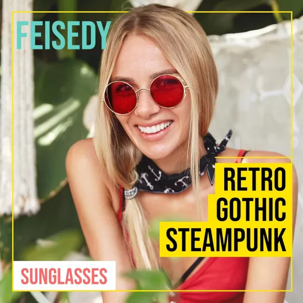 FEISEDY Retro Gothic Steampunk Sunglasses Round Metal Frame Punk Circle Inspired Shade Men B1857GoldRed