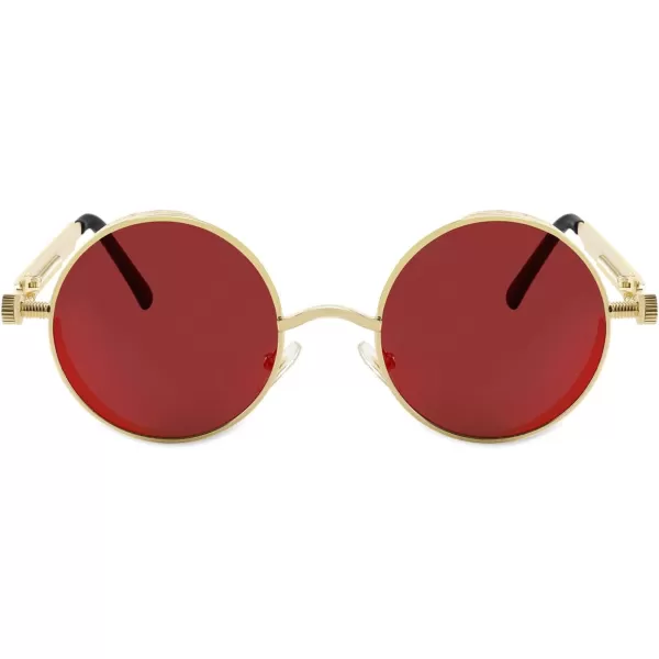 FEISEDY Retro Gothic Steampunk Sunglasses Round Metal Frame Punk Circle Inspired Shade Men B1857GoldRed Mirrored