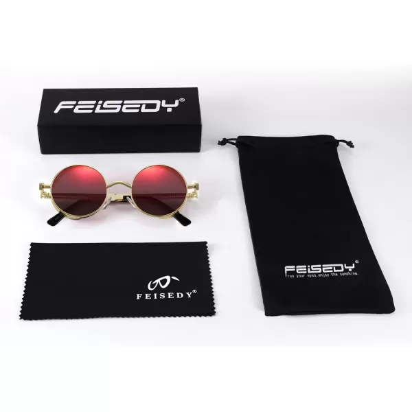 FEISEDY Retro Gothic Steampunk Sunglasses Round Metal Frame Punk Circle Inspired Shade Men B1857GoldRed Mirrored