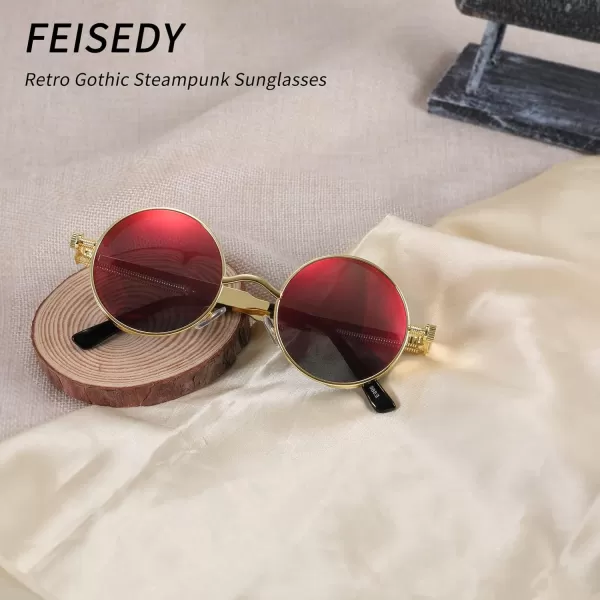 FEISEDY Retro Gothic Steampunk Sunglasses Round Metal Frame Punk Circle Inspired Shade Men B1857GoldRed Mirrored