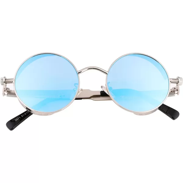 FEISEDY Retro Gothic Steampunk Sunglasses Round Metal Frame Punk Circle Inspired Shade Men B1857SilverBlue
