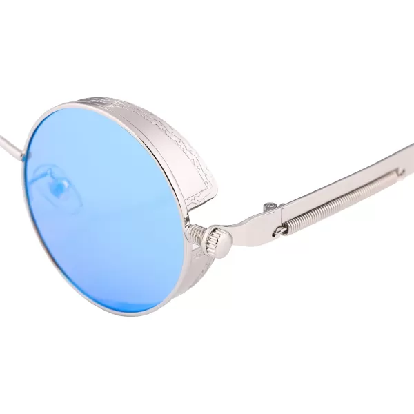 FEISEDY Retro Gothic Steampunk Sunglasses Round Metal Frame Punk Circle Inspired Shade Men B1857SilverBlue