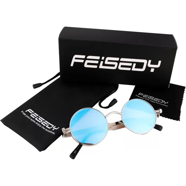 FEISEDY Retro Gothic Steampunk Sunglasses Round Metal Frame Punk Circle Inspired Shade Men B1857SilverBlue