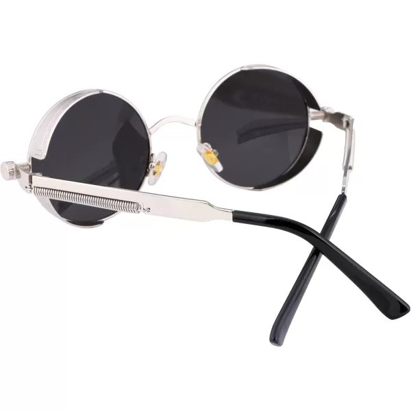 FEISEDY Retro Gothic Steampunk Sunglasses Round Metal Frame Punk Circle Inspired Shade Men B1857SilverGrey