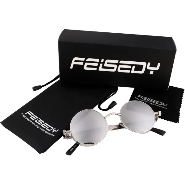 FEISEDY Retro Gothic Steampunk Sunglasses Round Metal Frame Punk Circle Inspired Shade Men B1857SilverSilver