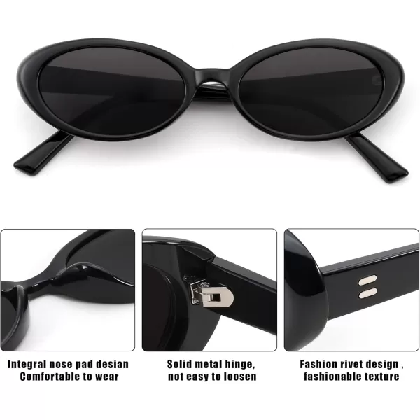 FEISEDY Retro Oval Sunglasses for Women Men 90s Small Oval Round Shades UV400 Protection Sunnies B9072Black Frame Black Lens