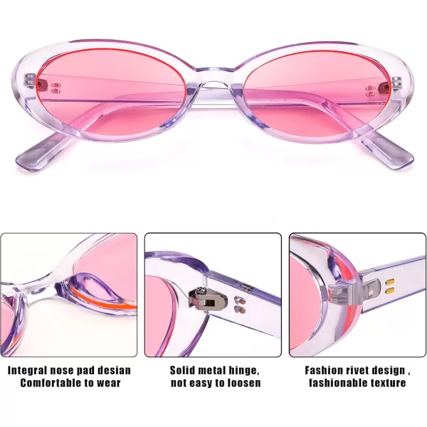 FEISEDY Retro Oval Sunglasses for Women Men 90s Small Oval Round Shades UV400 Protection Sunnies B9072Blue Frame Pink Lens