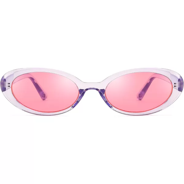 FEISEDY Retro Oval Sunglasses for Women Men 90s Small Oval Round Shades UV400 Protection Sunnies B9072Blue Frame Pink Lens