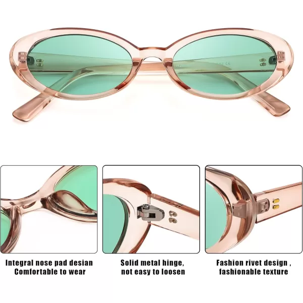 FEISEDY Retro Oval Sunglasses for Women Men 90s Small Oval Round Shades UV400 Protection Sunnies B9072Champagne Frame Green Lens