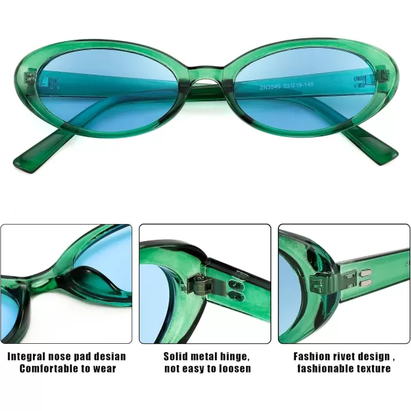 FEISEDY Retro Oval Sunglasses for Women Men 90s Small Oval Round Shades UV400 Protection Sunnies B9072Green Frame Green Lens