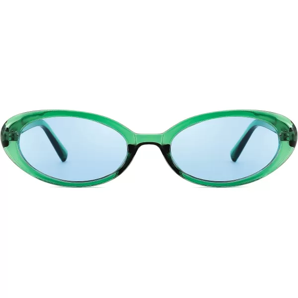 FEISEDY Retro Oval Sunglasses for Women Men 90s Small Oval Round Shades UV400 Protection Sunnies B9072Green Frame Green Lens