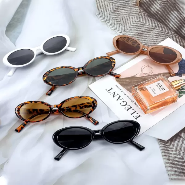 FEISEDY Retro Oval Sunglasses for Women Men 90s Small Oval Round Shades UV400 Protection Sunnies B9072White Frame Black Lens