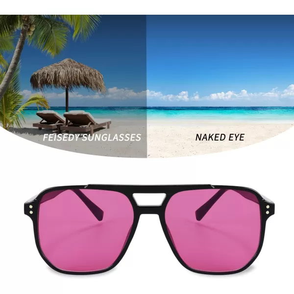 FEISEDY Retro Square Aviator Sunglasses Women Men 70s Vintage Trendy Plastic Frame Sun Glasses B2835001 Black FramePurple Lens