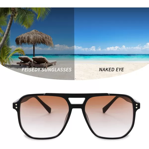 FEISEDY Retro Square Aviator Sunglasses Women Men 70s Vintage Trendy Plastic Frame Sun Glasses B2835002 Black FrameOrange Gradient Lens