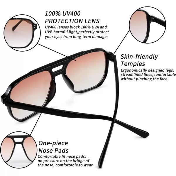 FEISEDY Retro Square Aviator Sunglasses Women Men 70s Vintage Trendy Plastic Frame Sun Glasses B2835002 Black FrameOrange Gradient Lens