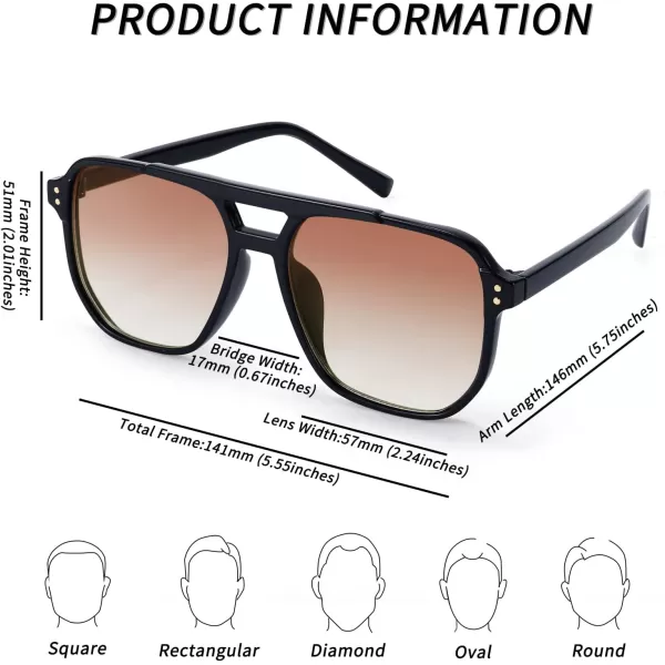 FEISEDY Retro Square Aviator Sunglasses Women Men 70s Vintage Trendy Plastic Frame Sun Glasses B2835002 Black FrameOrange Gradient Lens