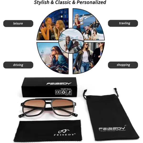 FEISEDY Retro Square Aviator Sunglasses Women Men 70s Vintage Trendy Plastic Frame Sun Glasses B2835002 Black FrameOrange Gradient Lens