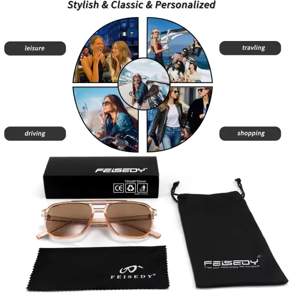 FEISEDY Retro Square Aviator Sunglasses Women Men 70s Vintage Trendy Plastic Frame Sun Glasses B2835003 Brown Transparent FrameBrown Lens