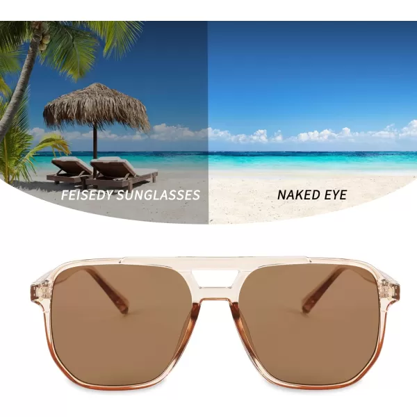 FEISEDY Retro Square Aviator Sunglasses Women Men 70s Vintage Trendy Plastic Frame Sun Glasses B2835003 Brown Transparent FrameBrown Lens