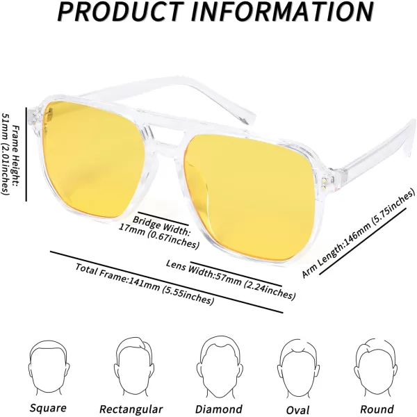 FEISEDY Retro Square Aviator Sunglasses Women Men 70s Vintage Trendy Plastic Frame Sun Glasses B2835004 Transparent FrameYellow Lens