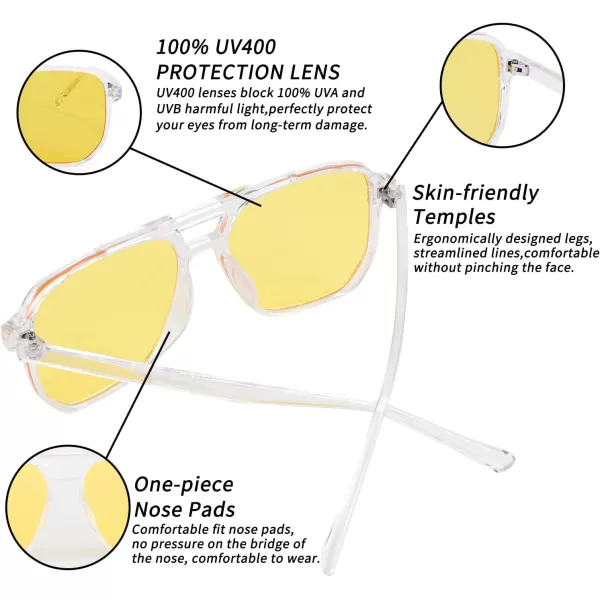 FEISEDY Retro Square Aviator Sunglasses Women Men 70s Vintage Trendy Plastic Frame Sun Glasses B2835004 Transparent FrameYellow Lens