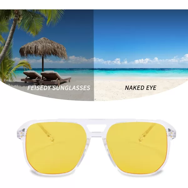 FEISEDY Retro Square Aviator Sunglasses Women Men 70s Vintage Trendy Plastic Frame Sun Glasses B2835004 Transparent FrameYellow Lens