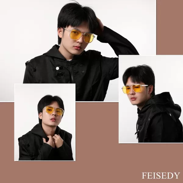 FEISEDY Retro Square Aviator Sunglasses Women Men 70s Vintage Trendy Plastic Frame Sun Glasses B2835004 Transparent FrameYellow Lens
