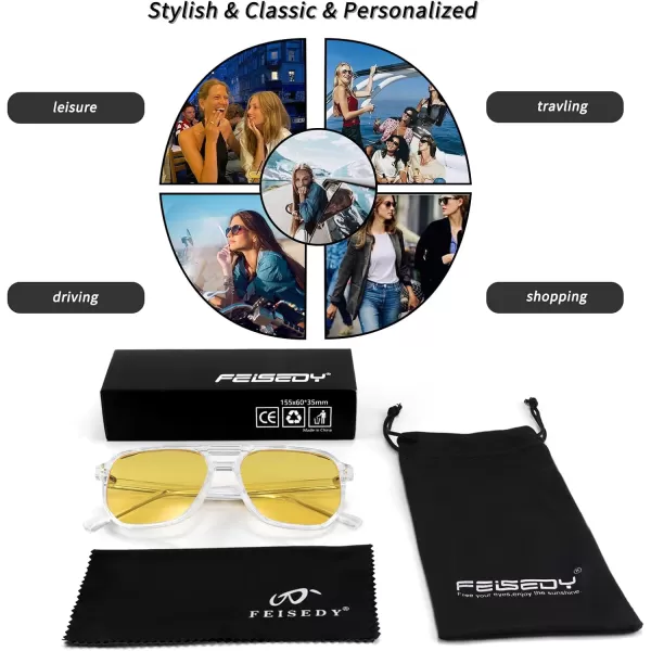 FEISEDY Retro Square Aviator Sunglasses Women Men 70s Vintage Trendy Plastic Frame Sun Glasses B2835004 Transparent FrameYellow Lens