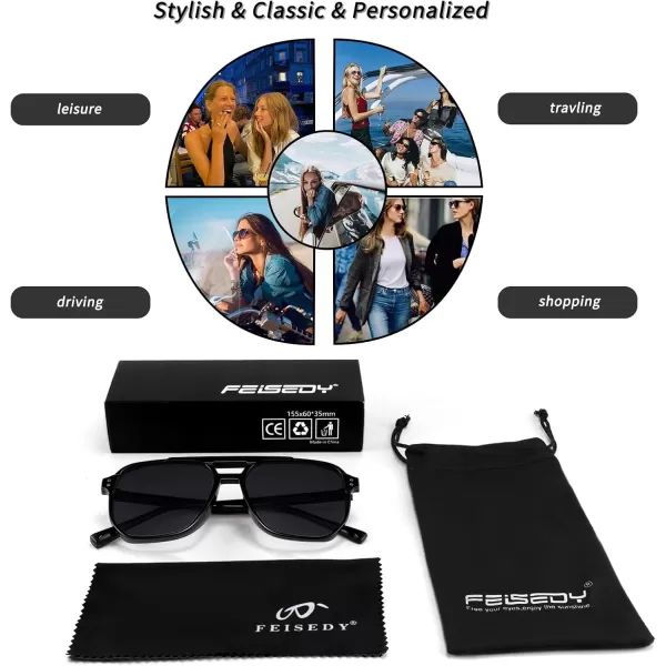 FEISEDY Retro Square Aviator Sunglasses Women Men 70s Vintage Trendy Plastic Frame Sun Glasses B2835005 Black FrameGray Lens