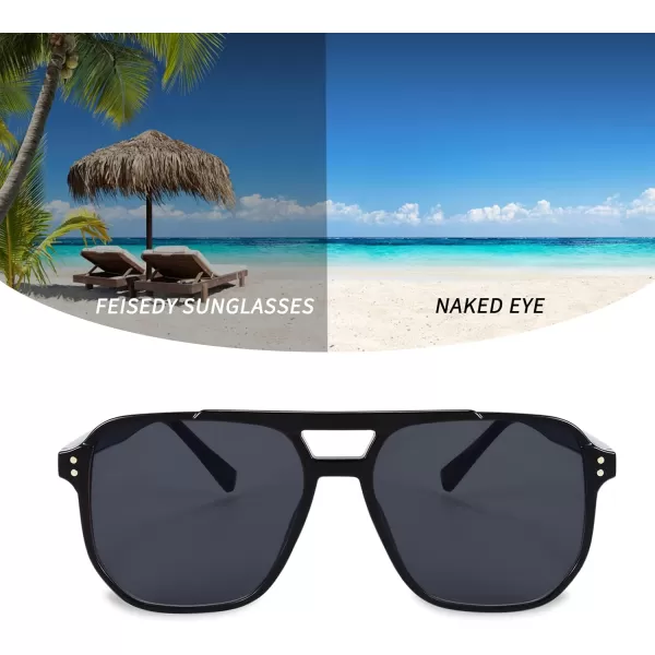 FEISEDY Retro Square Aviator Sunglasses Women Men 70s Vintage Trendy Plastic Frame Sun Glasses B2835005 Black FrameGray Lens